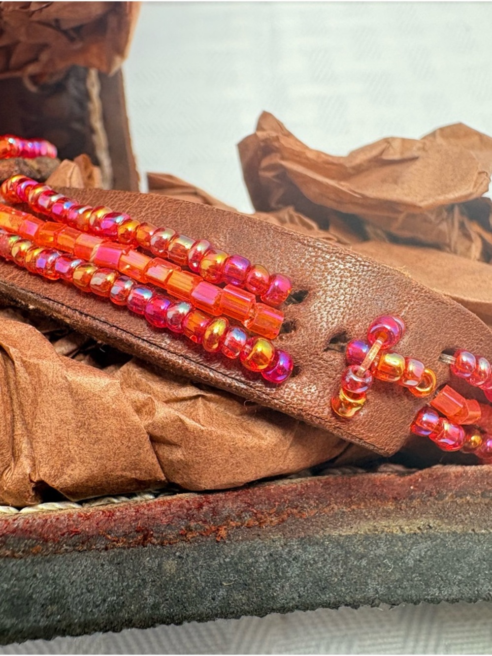 Adorable Bohemian Little Girls Brown Leather Beaded Toe-Post Sandals Boho Hippie - Picture 7 of 14